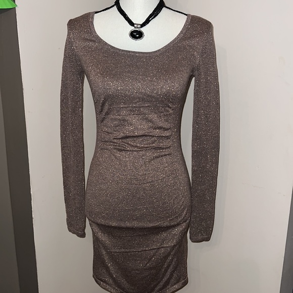 Express Shimmery Bronze fitted stretchy dress. - Picture 1 of 16